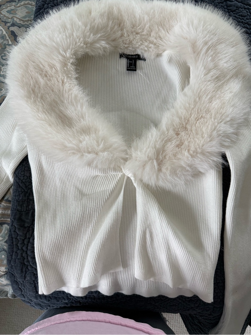 Forever 21 Women's Cream Faux-Fur Collar Ribbed Sweater
